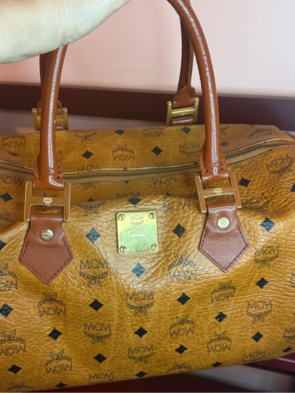 MCM Monogram Visetos Travel Duffle in Cognac Brown with Black Accents 35 - Picture 2 of 13